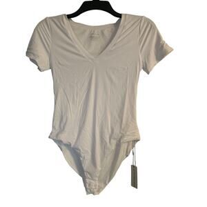 NWT Algalaround Women's White Short Sleeve Bodysuit Polyester/Spandex Sz Small